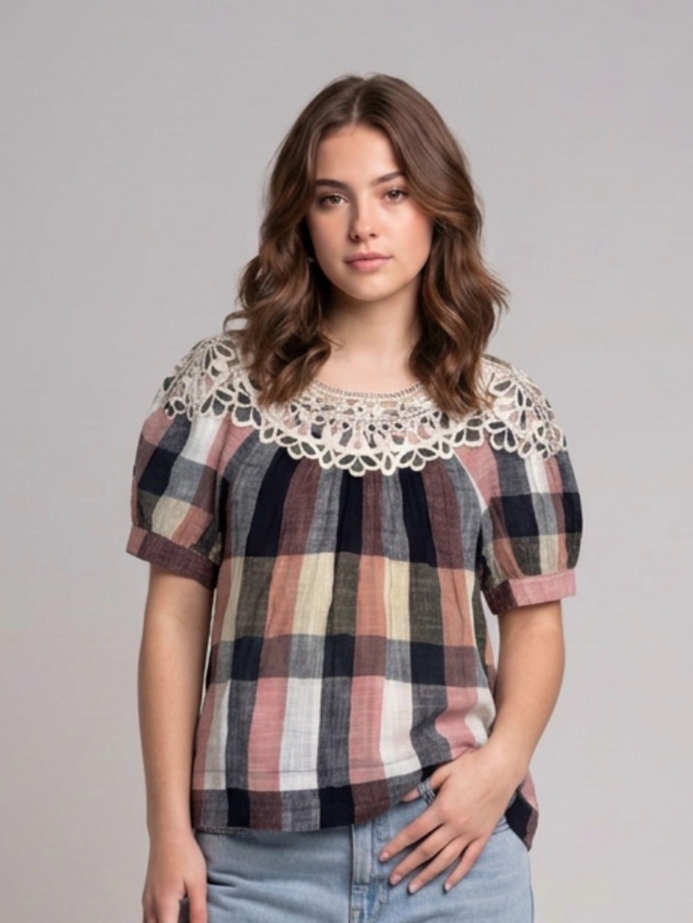 Anthropologie Crochet-Yoke Plaid Puff-Sleeve Top in Blush, Navy, Cream, Tan